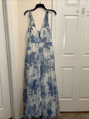 PromGirl Blue and White Floral Plunge Maxi Dress